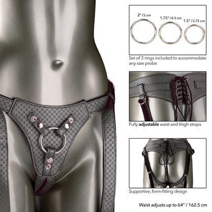 The Regal® Queen harness in Red Bronze or Gray Pewter, featuring a corset-inspired lace design, plush velvet lining, and adjustable buckle closure, perfect for customizable probe play. 
luxurious strap-on, vegan leather harness, corset-style harness, plush velvet lining, adjustable buckle closure, phthalate-free harness, crotchless design, probe play harness, Red Bronze, Gray Pewter, premium harness.