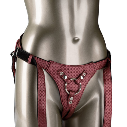 The Regal® Queen harness in Red Bronze or Gray Pewter, featuring a corset-inspired lace design, plush velvet lining, and adjustable buckle closure, perfect for customizable probe play. 
luxurious strap-on, vegan leather harness, corset-style harness, plush velvet lining, adjustable buckle closure, phthalate-free harness, crotchless design, probe play harness, Red Bronze, Gray Pewter, premium harness.