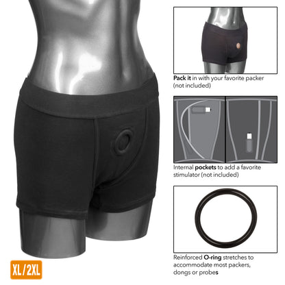 Packer Gear Black Boxer Brief Harness with stretchy fabric, reinforced O-ring, packer pouch, and 2-panel design for comfortable, stylish packing.

Packer Gear Black Boxer Brief Harness, strapless harness briefs, packer-friendly boxer briefs, natural look harness, double penetration briefs, reinforced O-ring packer briefs, phthalate-free harness, washable boxer brief harness, bullet pocket harness briefs, plus size harness