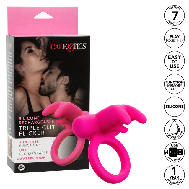 Silicone Rechargeable Triple Clit Flicker with 7 vibrations, bunny ear teasers, and waterproof design.

Keywords: Triple Clit Flicker, vibrating cock ring, bunny ear clit stimulator, couples vibrating ring, waterproof cock ring, rechargeable clit flicker, 7-function cock ring, silicone vibrating ring, shared pleasure toy, body-safe cock ring.