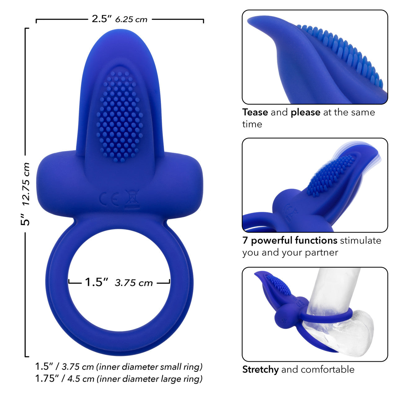 Silicone Rechargeable Dual Pleaser Cock Ring with 7 vibrations, flickering teaser, and waterproof design. Keywords: Silicone Dual Pleaser Cock Ring, rechargeable vibrating ring, flickering teaser cock ring, couples' vibrating cock ring, dual ring stimulator, waterproof vibrating ring, body-safe silicone cock ring, 7-function vibrating enhancer, California Exotic Novelties cock ring.