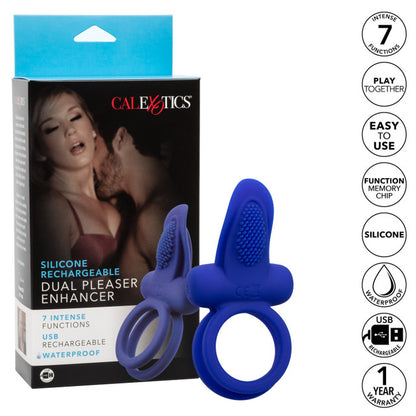 Silicone Rechargeable Dual Pleaser Cock Ring with 7 vibrations, flickering teaser, and waterproof design. Keywords: Silicone Dual Pleaser Cock Ring, rechargeable vibrating ring, flickering teaser cock ring, couples' vibrating cock ring, dual ring stimulator, waterproof vibrating ring, body-safe silicone cock ring, 7-function vibrating enhancer, California Exotic Novelties cock ring.