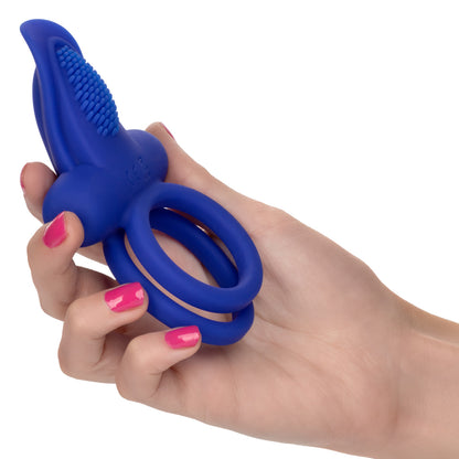 Silicone Rechargeable Dual Pleaser Cock Ring with 7 vibrations, flickering teaser, and waterproof design. Keywords: Silicone Dual Pleaser Cock Ring, rechargeable vibrating ring, flickering teaser cock ring, couples' vibrating cock ring, dual ring stimulator, waterproof vibrating ring, body-safe silicone cock ring, 7-function vibrating enhancer, California Exotic Novelties cock ring.