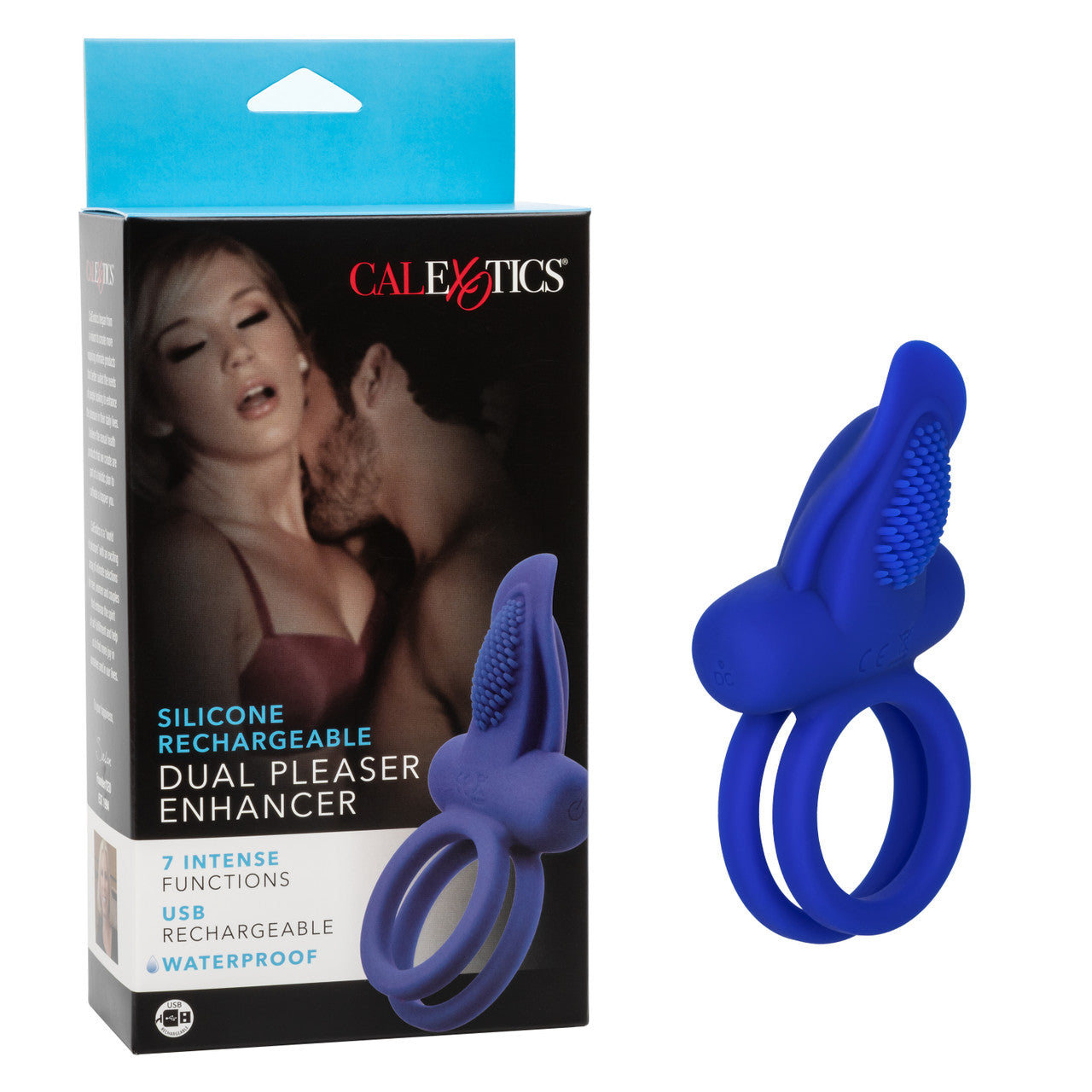 Silicone Rechargeable Dual Pleaser Cock Ring with 7 vibrations, flickering teaser, and waterproof design. Keywords: Silicone Dual Pleaser Cock Ring, rechargeable vibrating ring, flickering teaser cock ring, couples' vibrating cock ring, dual ring stimulator, waterproof vibrating ring, body-safe silicone cock ring, 7-function vibrating enhancer, California Exotic Novelties cock ring.