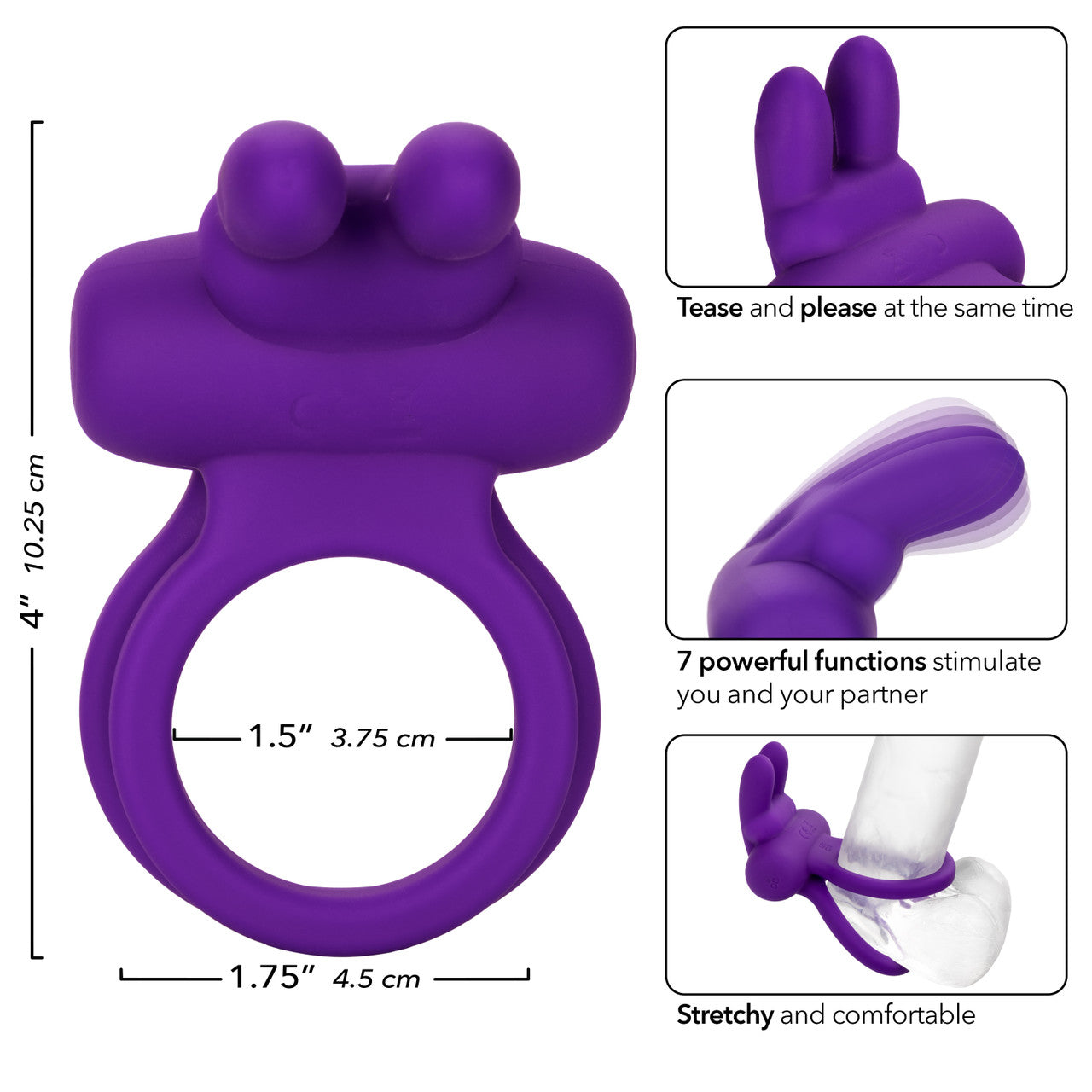 Silicone Rechargeable Dual Rockin’ Rabbit® with dual rings, 7 vibration functions, and waterproof design. Keywords: Silicone Dual Rockin’ Rabbit, vibrating couples enhancer, dual support cock ring, clitoral stimulator, flickering bunny ears, waterproof vibrating ring, rechargeable couples toy, body-safe silicone ring, stamina enhancer, vibrating love ring.