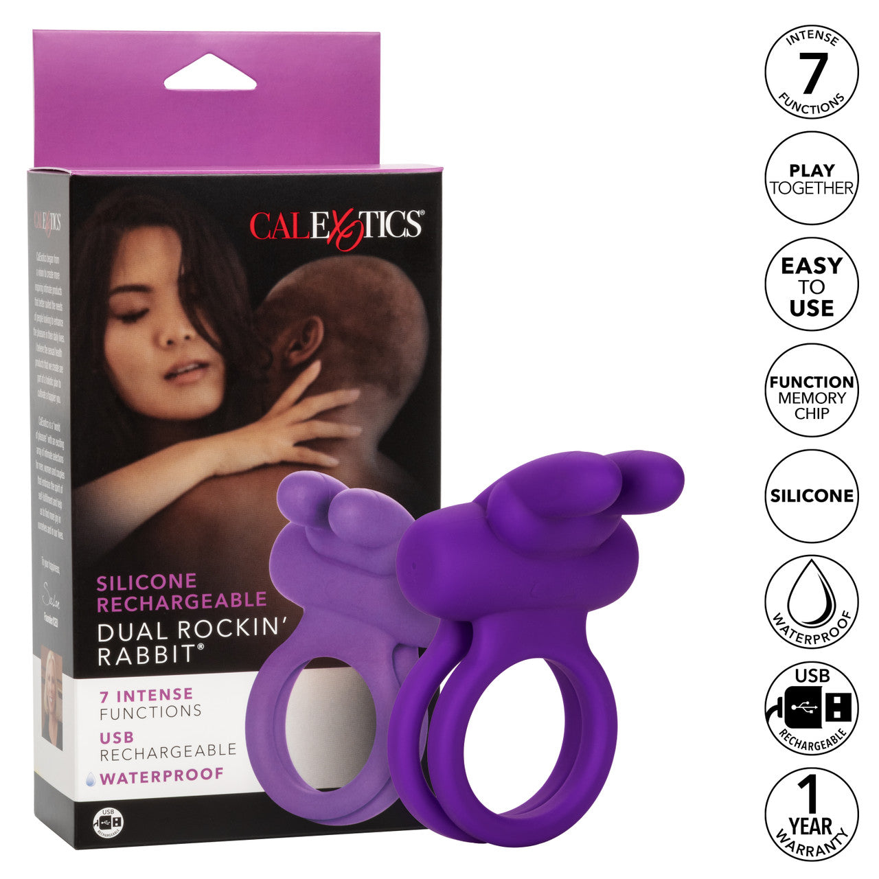 Silicone Rechargeable Dual Rockin’ Rabbit® with dual rings, 7 vibration functions, and waterproof design. Keywords: Silicone Dual Rockin’ Rabbit, vibrating couples enhancer, dual support cock ring, clitoral stimulator, flickering bunny ears, waterproof vibrating ring, rechargeable couples toy, body-safe silicone ring, stamina enhancer, vibrating love ring.