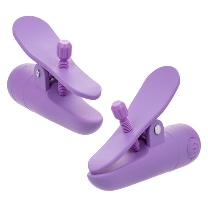 Nipplettes Rechargeable Nipple Clamps in pink or purple, with adjustable tension, 10 vibration functions, and waterproof, USB-rechargeable design.

pink nipple clamps, purple nipple clamps, adjustable nipple clamps, vibrating clamps, waterproof nipple clamps, USB rechargeable clamps, 10-function clamps, wearable nipple toys, sensory play accessories, stylish nipple clamps.