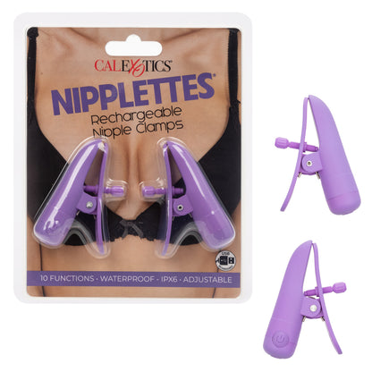 Nipplettes Rechargeable Nipple Clamps in pink or purple, with adjustable tension, 10 vibration functions, and waterproof, USB-rechargeable design.

pink nipple clamps, purple nipple clamps, adjustable nipple clamps, vibrating clamps, waterproof nipple clamps, USB rechargeable clamps, 10-function clamps, wearable nipple toys, sensory play accessories, stylish nipple clamps.