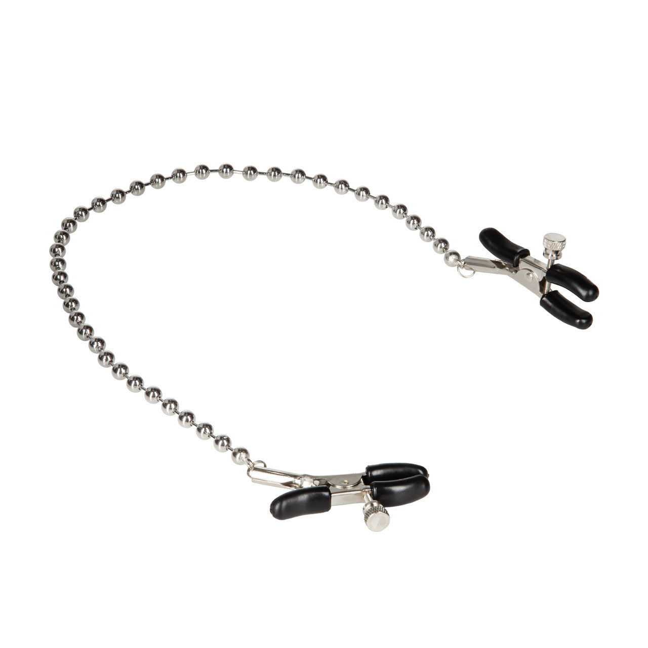 Silver beaded nipple clamps with adjustable tension and phthalate-free PVC pads, connected by a 16-inch chain.