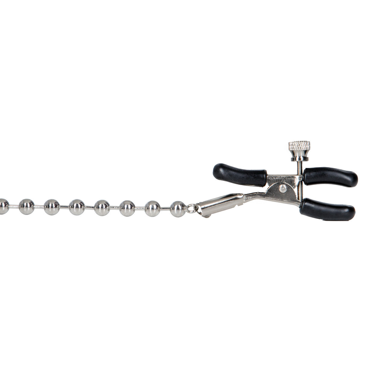 Silver beaded nipple clamps with adjustable tension and phthalate-free PVC pads, connected by a 16-inch chain.