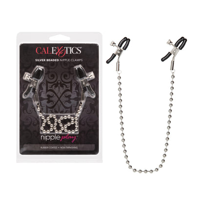 Silver beaded nipple clamps with adjustable tension and phthalate-free PVC pads, connected by a 16-inch chain.