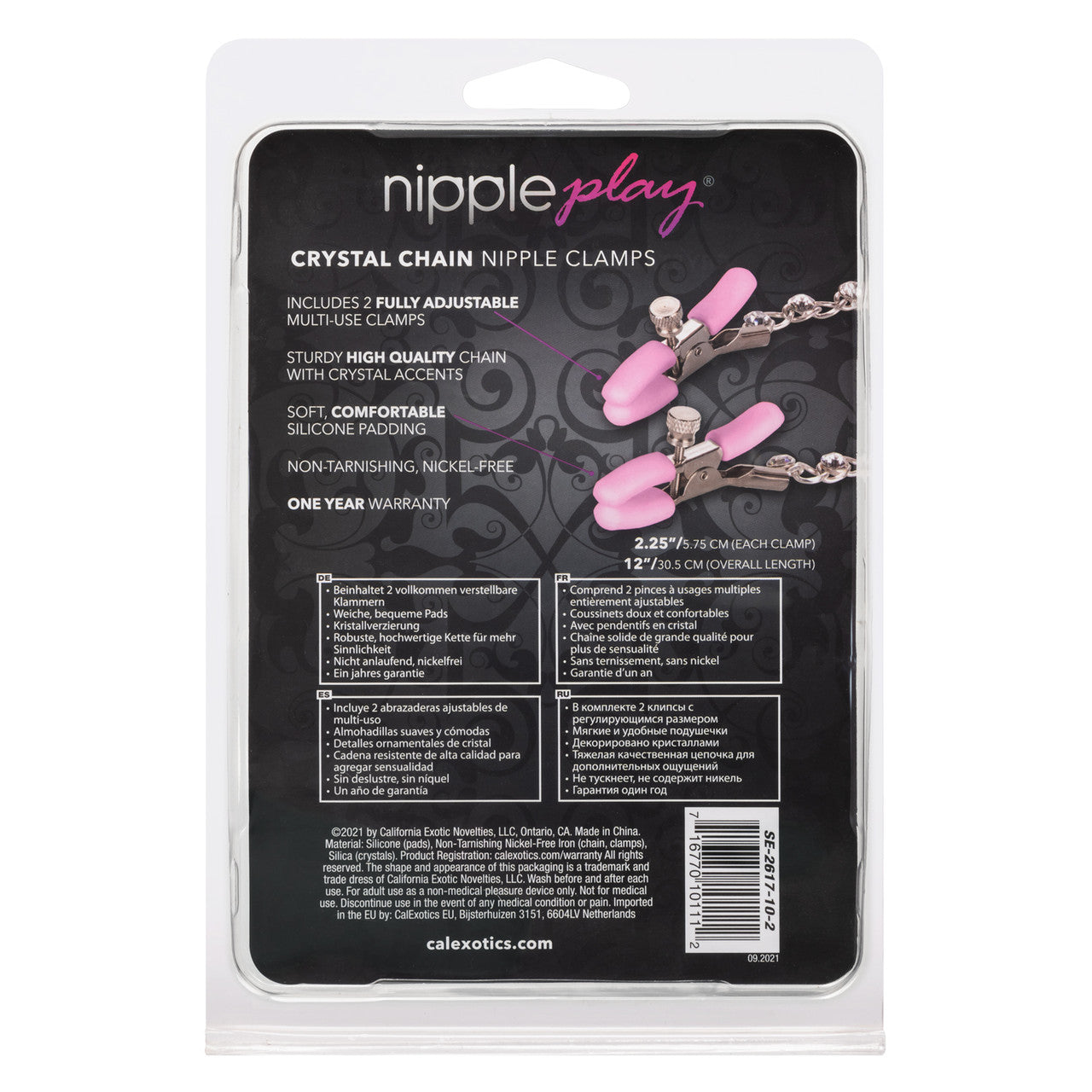 Adjustable nipple clamps with sparkling crystal chain. Enhance sensitivity and arousal with customizable tension. Nickel-free and silicone-coated for comfort.