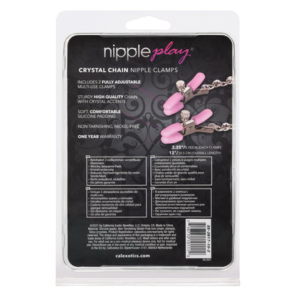 Adjustable nipple clamps with sparkling crystal chain. Enhance sensitivity and arousal with customizable tension. Nickel-free and silicone-coated for comfort.