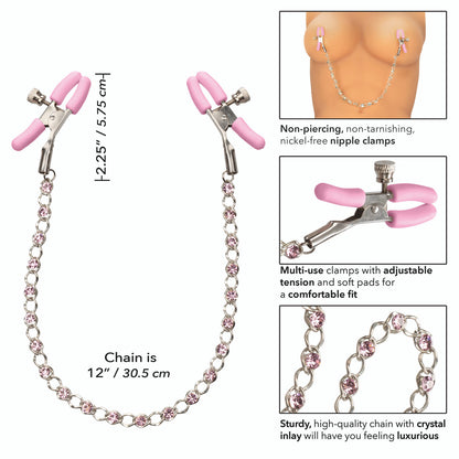 Adjustable nipple clamps with sparkling crystal chain. Enhance sensitivity and arousal with customizable tension. Nickel-free and silicone-coated for comfort.