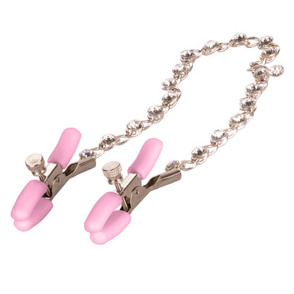 Adjustable nipple clamps with sparkling crystal chain. Enhance sensitivity and arousal with customizable tension. Nickel-free and silicone-coated for comfort.