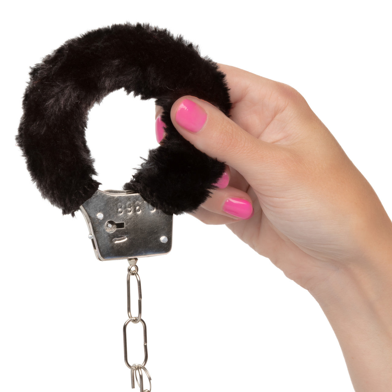 Playful Furry Cuffs: Soft faux fur-covered metal handcuffs with adjustable fit, safety release, 2 keys, and a link chain for bondage play.