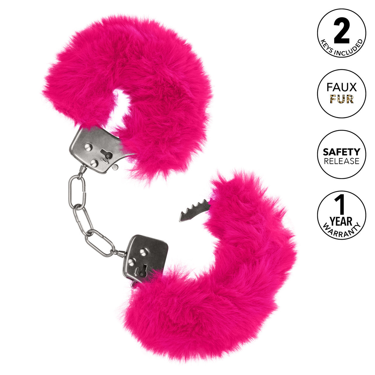 Plush faux fur-lined metal handcuffs with adjustable sizing, safety latch, and lock keys for versatile bondage play.