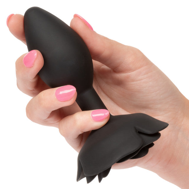 Forbidden™ Small Rose Anal Plug in black, featuring body-safe silicone, tapered design, sturdy base, and waterproof construction for safe and stylish anal pleasure.

small anal plug, beginner anal toy, body-safe silicone anal plug, waterproof anal plug, tapered anal plug, elegant anal toy, rose-themed anal plug, black silicone plug, anal plug with base