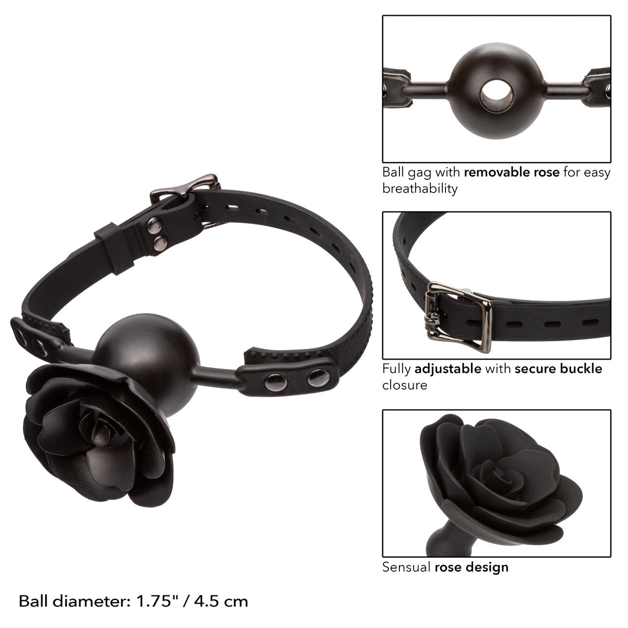 Removable rose ball gag with adjustable silicone straps for stylish BDSM play. Keywords: rose ball gag, removable ball gag, Forbidden rose gag, adjustable BDSM gag, silicone ball gag, breathable ball gag, stylish bondage accessory, hypoallergenic gag, waterproof BDSM gag, rose design gag.