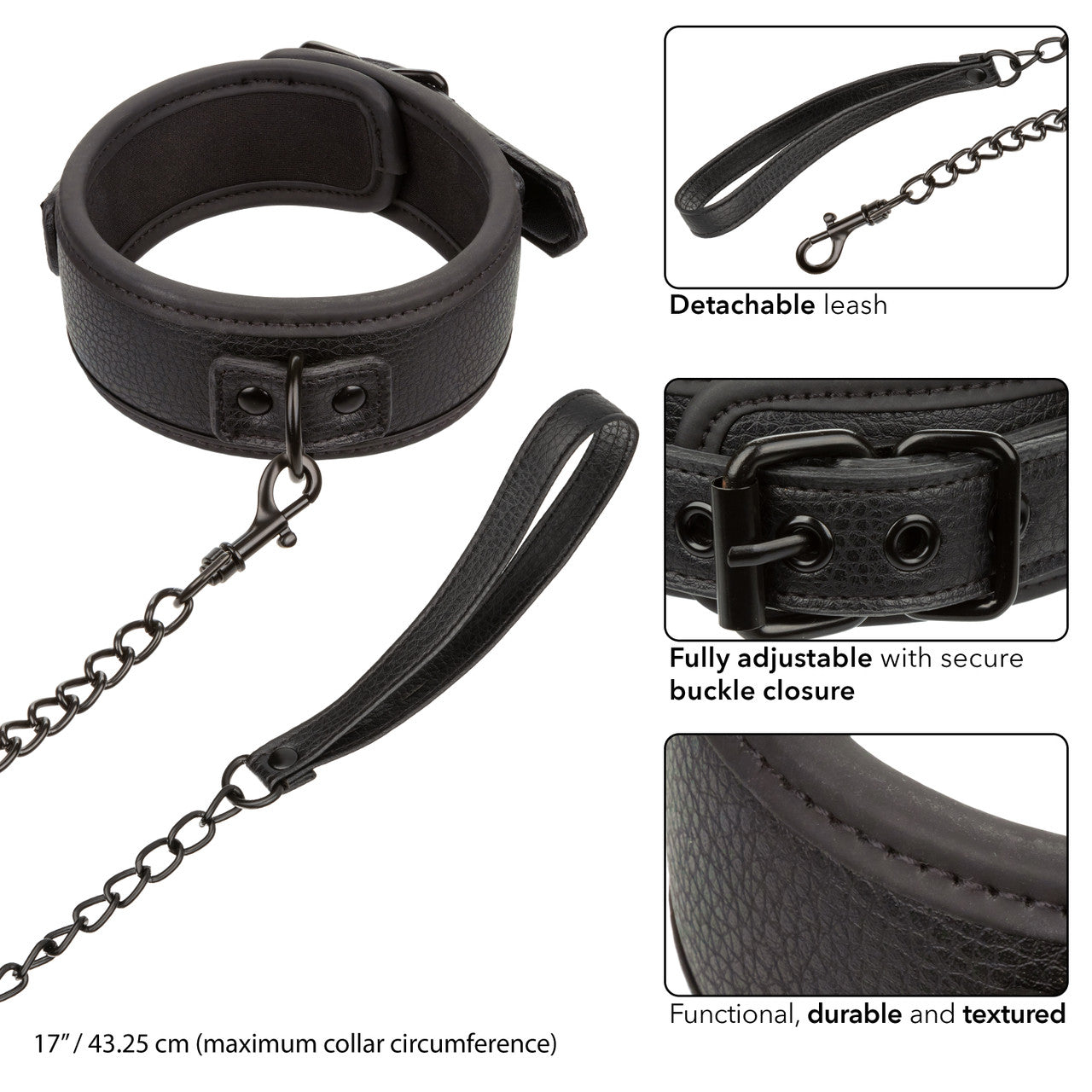 Nocturnal™ Collection Collar & Leash with adjustable collar, heavy-duty metal leash, and durable PVC leather design for elegant BDSM play