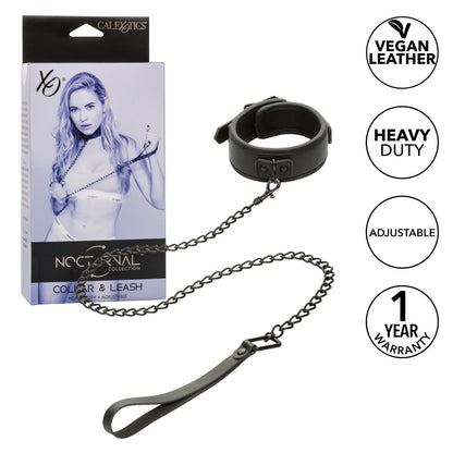 Nocturnal™ Collection Collar & Leash with adjustable collar, heavy-duty metal leash, and durable PVC leather design for elegant BDSM play