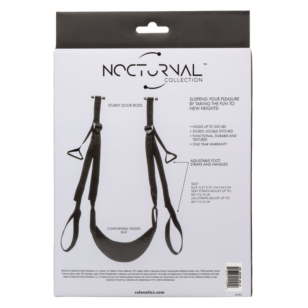 Nocturnal™ Collection Sex Swing with padded seat, adjustable straps, and door-mounted design for secure and versatile intimate play