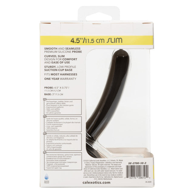 Black 4.5-inch slim silicone probe with suction cup; body-safe, waterproof, and harness compatible. Keywords: Boundless slim probe, 4.5-inch probe, silicone anal toy, waterproof probe, harness compatible probe, phthalate-free silicone toy, black slim probe, anal stimulation toy, P-spot stimulator, prostate massager, flexible suction cup probe, internal stimulation toy