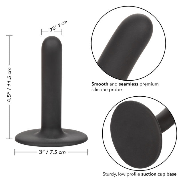 Black 4.5-inch slim silicone probe with suction cup; body-safe, waterproof, and harness compatible. Keywords: Boundless slim probe, 4.5-inch probe, silicone anal toy, waterproof probe, harness compatible probe, phthalate-free silicone toy, black slim probe, anal stimulation toy, P-spot stimulator, prostate massager, flexible suction cup probe, internal stimulation toy