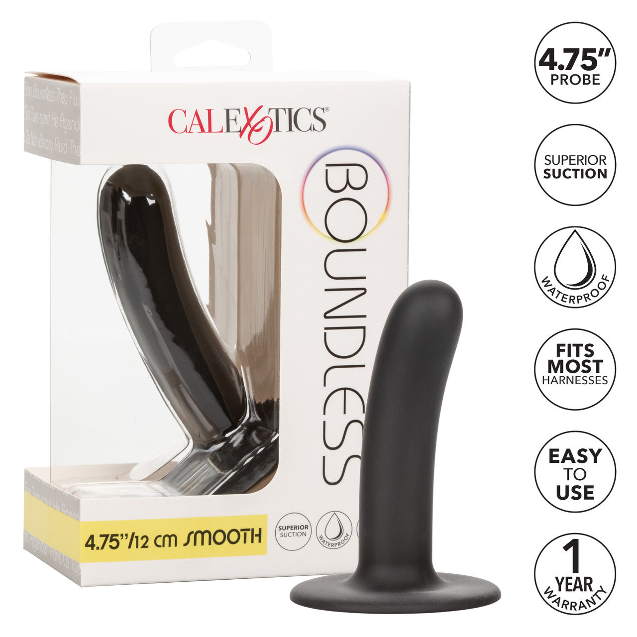 Smooth black silicone probe with suction cup base, available in 4.75”, 6”, and 7”; harness compatible and body-safe. Keywords: deep internal probe, silicone suction cup probe, harness compatible probe, black silicone dildo, extra-long probe, phthalate-free probe, waterproof probe, G-spot probe, P-spot stimulator, body-safe probe, premium silicone probe, Boundless 6-inch probe, Boundless 7-inch probe, hands-free silicone probe