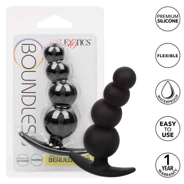 Boundless® Beaded Plug by CalExotics in black, featuring a graduated beaded design with an easy pull handle. Packaging highlights premium silicone, flexible, waterproof, and easy-to-use design, along with a 1-year warranty.