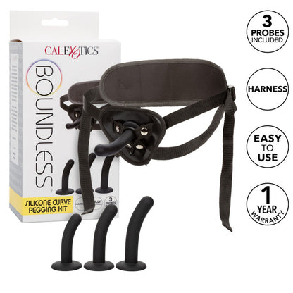 Boundless Silicone Curved Pegging Kit with adjustable harness and three curved silicone probes in small, medium, and large sizes.Keywords: curved silicone probes, pegging harness kit, adjustable harness strap-on, phthalate-free pegging kit, waterproof strap-on kit, beginner pegging kit, pegging toys for couples, curved prostate stimulators, silicone strap-on harness
