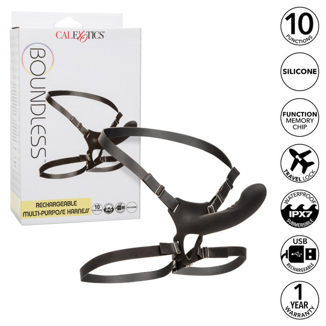 Boundless Multi-Purpose Rechargeable Harness with silicone vibrating probe, adjustable straps, and waterproof design for versatile pleasure.
Keywords: multi-purpose harness, vibrating strap-on, silicone probe harness, waterproof strap-on, phthalate-free harness, adjustable harness straps, 10-function vibrating probe, hands-free strap-on, rechargeable vibrating strap-on 