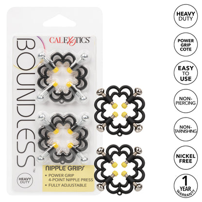 Boundless® Nipple Grips with nickel-free, adjustable 4-point press, durable design, and power grip tips for heightened sensory play. Keywords: Boundless Nipple Grips, nickel-free nipple clamps, 4-point adjustable nipple clamps, heavy-duty nipple grips, sensory play clamps, nipple stimulation toys, adjustable nipple toys, multi-use nipple grips, BDSM nipple clamps, phthalate-free nipple clamps, screw-down nipple toys.