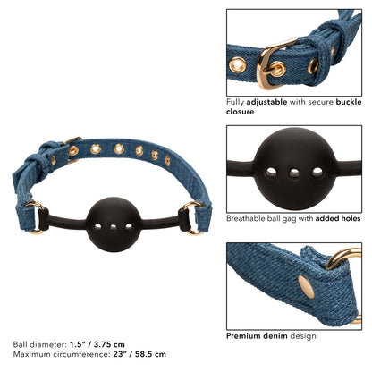 Denim ball gag with breathable silicone ball and adjustable buckle for stylish BDSM play.
Keywords: denim ball gag, breathable ball gag, adjustable BDSM gag, Ride 'em™ ball gag, silicone ball gag, stylish bondage accessories, beginner BDSM gag, denim bondage gear, phthalate-free ball gag, premium BDSM ball gag. 