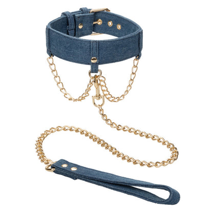 Denim collar with gold chains, adjustable buckle, and detachable leash for stylish BDSM play. Keywords: denim collar with leash, BDSM denim collar, adjustable collar with leash, Ride 'em™ denim collection, gold chain collar, stylish BDSM collar, dominance and submission accessories, adjustable denim collar, bondage collar with leash, denim power play collar. 