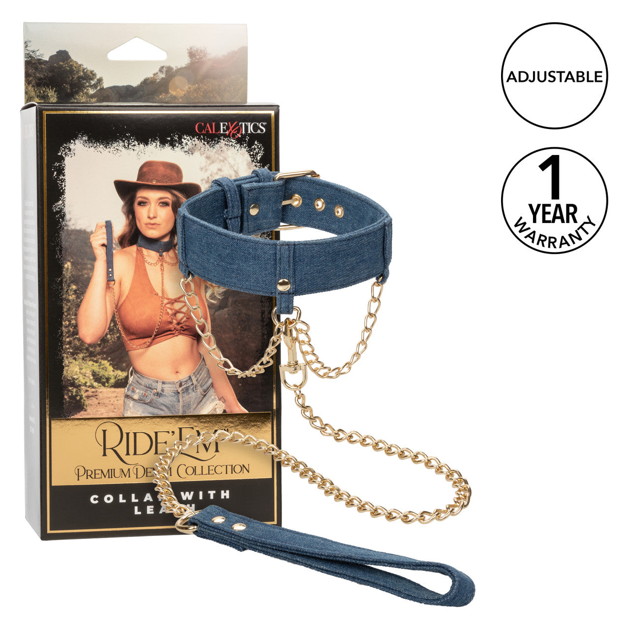 Denim collar with gold chains, adjustable buckle, and detachable leash for stylish BDSM play. Keywords: denim collar with leash, BDSM denim collar, adjustable collar with leash, Ride 'em™ denim collection, gold chain collar, stylish BDSM collar, dominance and submission accessories, adjustable denim collar, bondage collar with leash, denim power play collar. 