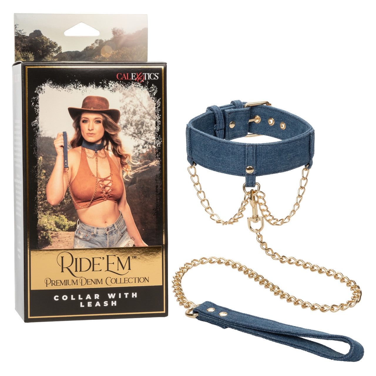 Denim collar with gold chains, adjustable buckle, and detachable leash for stylish BDSM play. Keywords: denim collar with leash, BDSM denim collar, adjustable collar with leash, Ride 'em™ denim collection, gold chain collar, stylish BDSM collar, dominance and submission accessories, adjustable denim collar, bondage collar with leash, denim power play collar. 