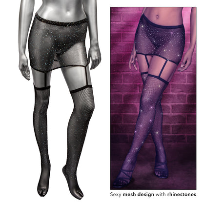 Radiance™ One Piece Garter Skirt with attached garter straps and thigh highs, available in One Size and Plus Size, featuring a breathable mesh design, rhinestone accents, and a flattering fit.

