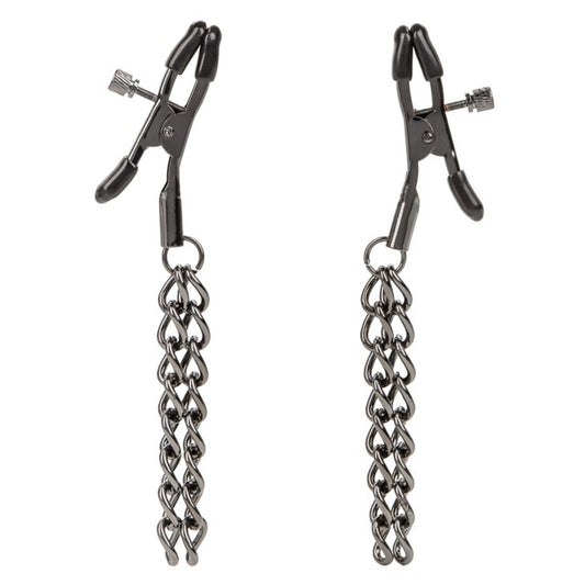 Adjustable nipple clamps with soft pads and cascading chains for customizable sensations and sensory play. Keywords: Euphoria nipple clamps, adjustable nipple clamps, chain nipple clamps, soft-padded clamps, nickel-free clamps, BDSM nipple accessories, cascading chain clamps, nipple clamps for beginners, sensory play clamps, stylish nipple clamps.