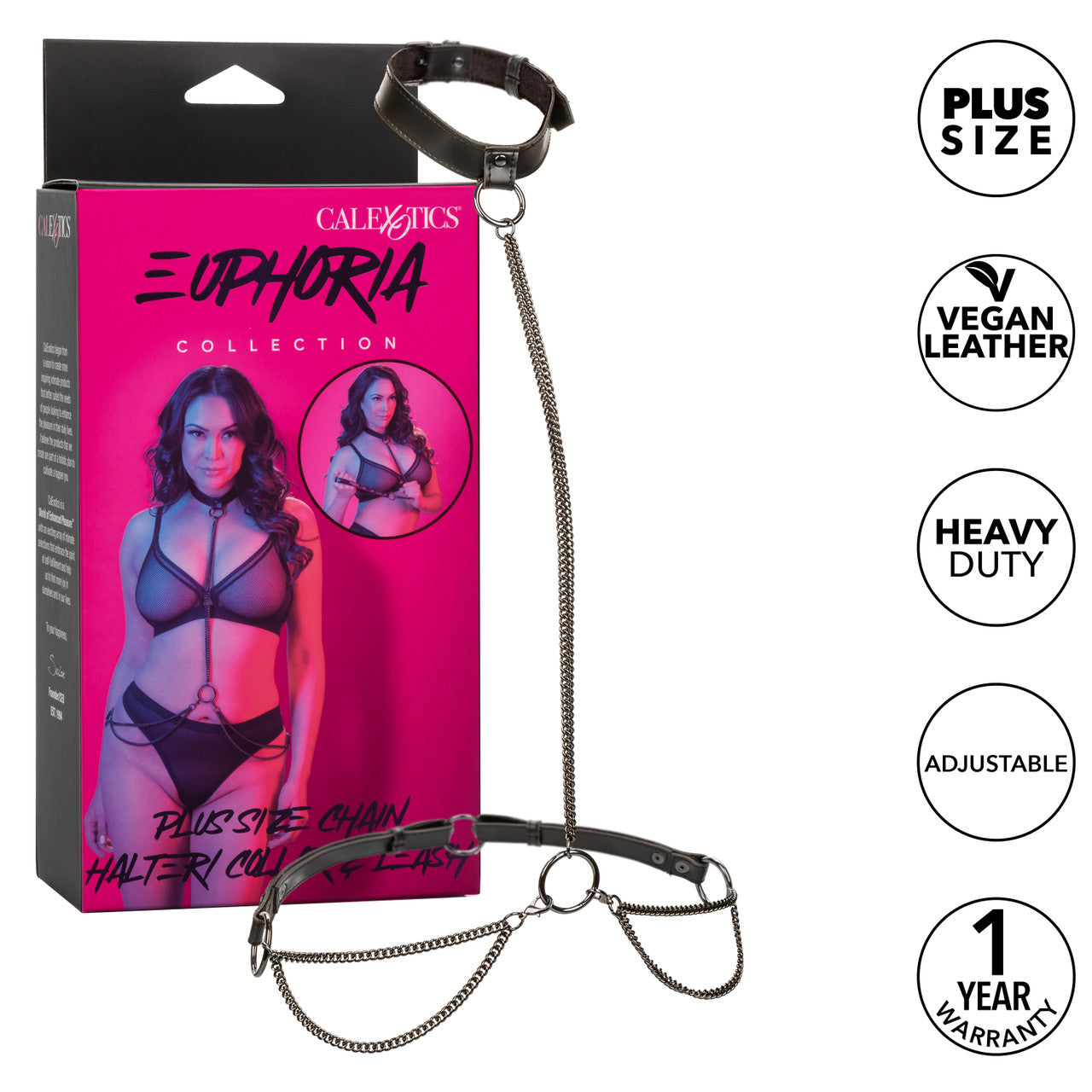 Plus-size chain halter/collar and leash with vegan leather, velvet lining, and adjustable straps for style and sensual play.