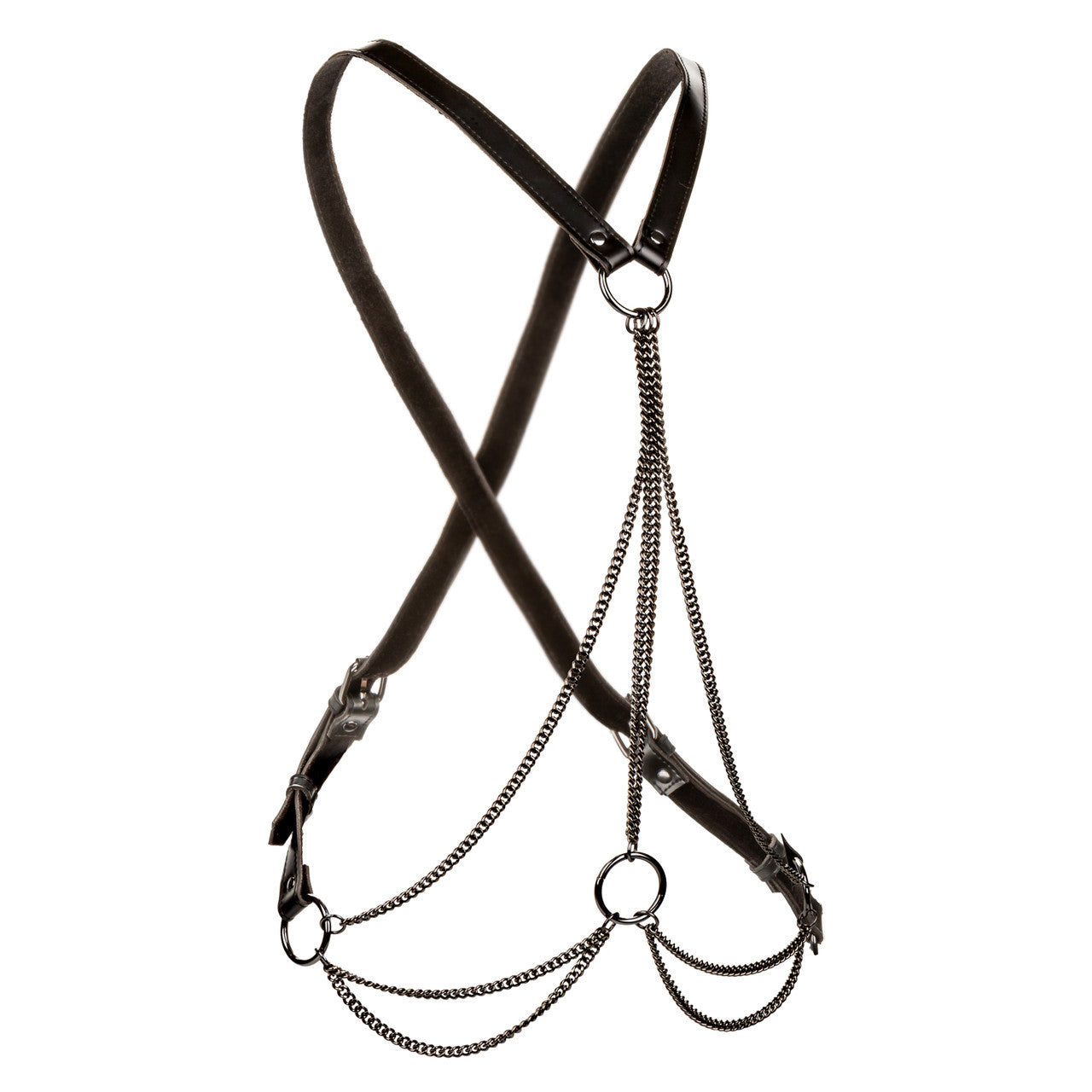 Euphoria Collection Plus Size Multi-Chain Harness by CalExotics with a cross-back design, vegan leather straps, velvet lining, and nickel-free metal chains for a bold and comfortable fit.

