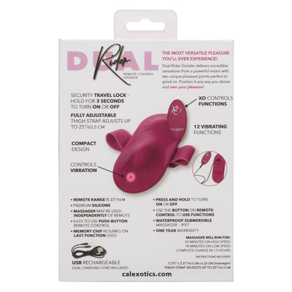 Wine red wearable remote-control massager with adjustable thigh strap and contoured surface.
Keywords: Dual Rider grinder, wearable massager, remote control vibrator, hands-free thigh strap vibe, waterproof silicone massager, rechargeable wearable toy, 12 vibration functions, adjustable strap vibrator, solo play massager, anatomically contoured grinder.