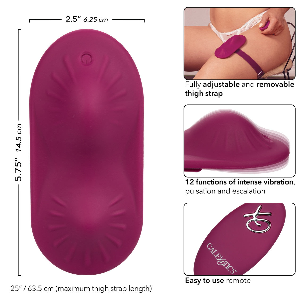 Wine red wearable remote-control massager with adjustable thigh strap and contoured surface.
Keywords: Dual Rider grinder, wearable massager, remote control vibrator, hands-free thigh strap vibe, waterproof silicone massager, rechargeable wearable toy, 12 vibration functions, adjustable strap vibrator, solo play massager, anatomically contoured grinder.