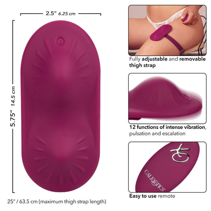 Wine red wearable remote-control massager with adjustable thigh strap and contoured surface.
Keywords: Dual Rider grinder, wearable massager, remote control vibrator, hands-free thigh strap vibe, waterproof silicone massager, rechargeable wearable toy, 12 vibration functions, adjustable strap vibrator, solo play massager, anatomically contoured grinder.