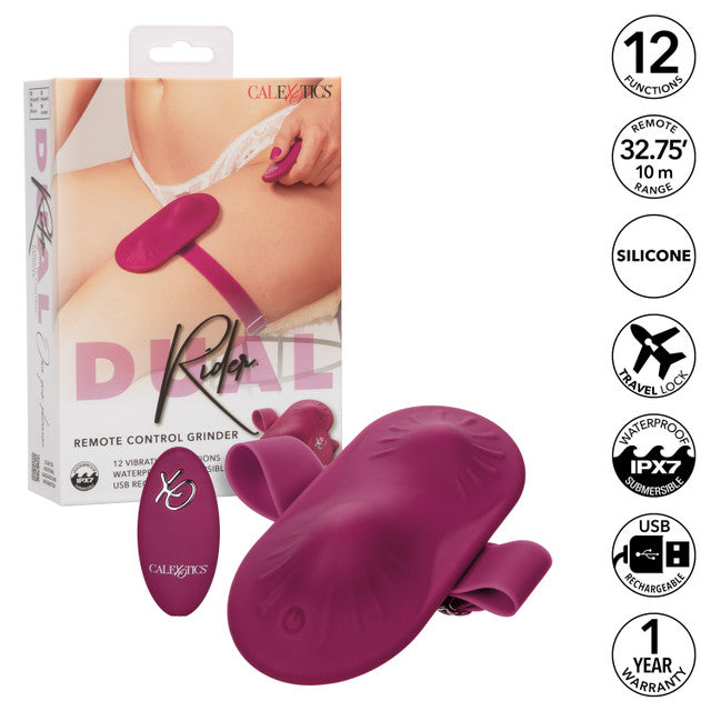 Wine red wearable remote-control massager with adjustable thigh strap and contoured surface.
Keywords: Dual Rider grinder, wearable massager, remote control vibrator, hands-free thigh strap vibe, waterproof silicone massager, rechargeable wearable toy, 12 vibration functions, adjustable strap vibrator, solo play massager, anatomically contoured grinder.