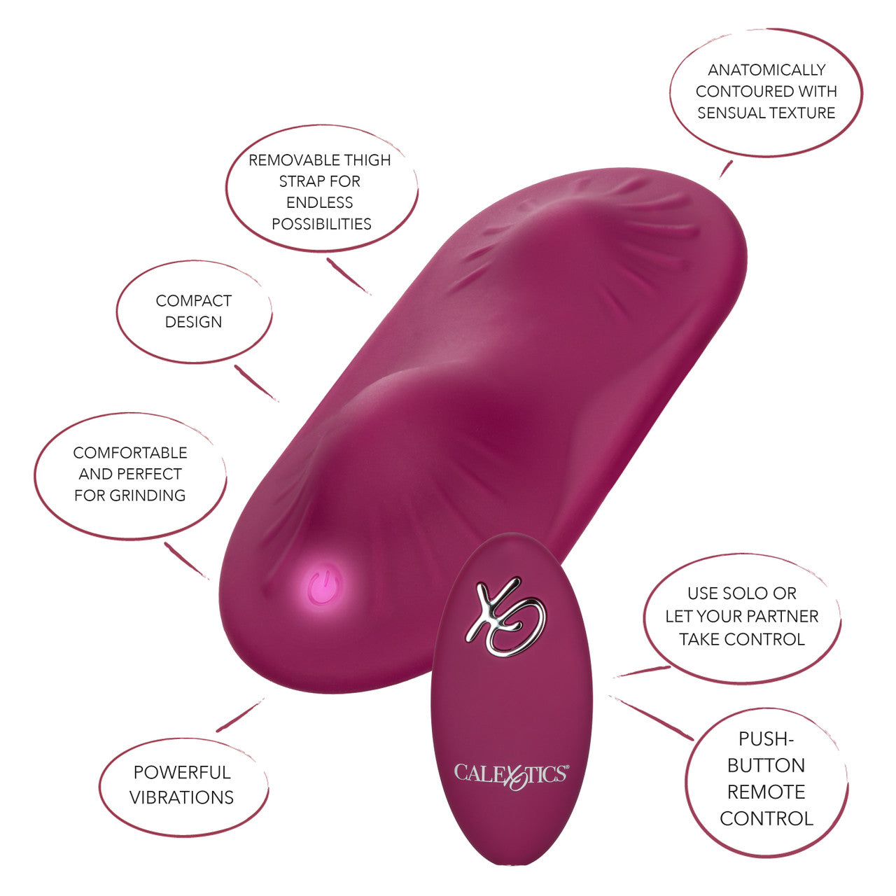 Wine red wearable remote-control massager with adjustable thigh strap and contoured surface.
Keywords: Dual Rider grinder, wearable massager, remote control vibrator, hands-free thigh strap vibe, waterproof silicone massager, rechargeable wearable toy, 12 vibration functions, adjustable strap vibrator, solo play massager, anatomically contoured grinder.