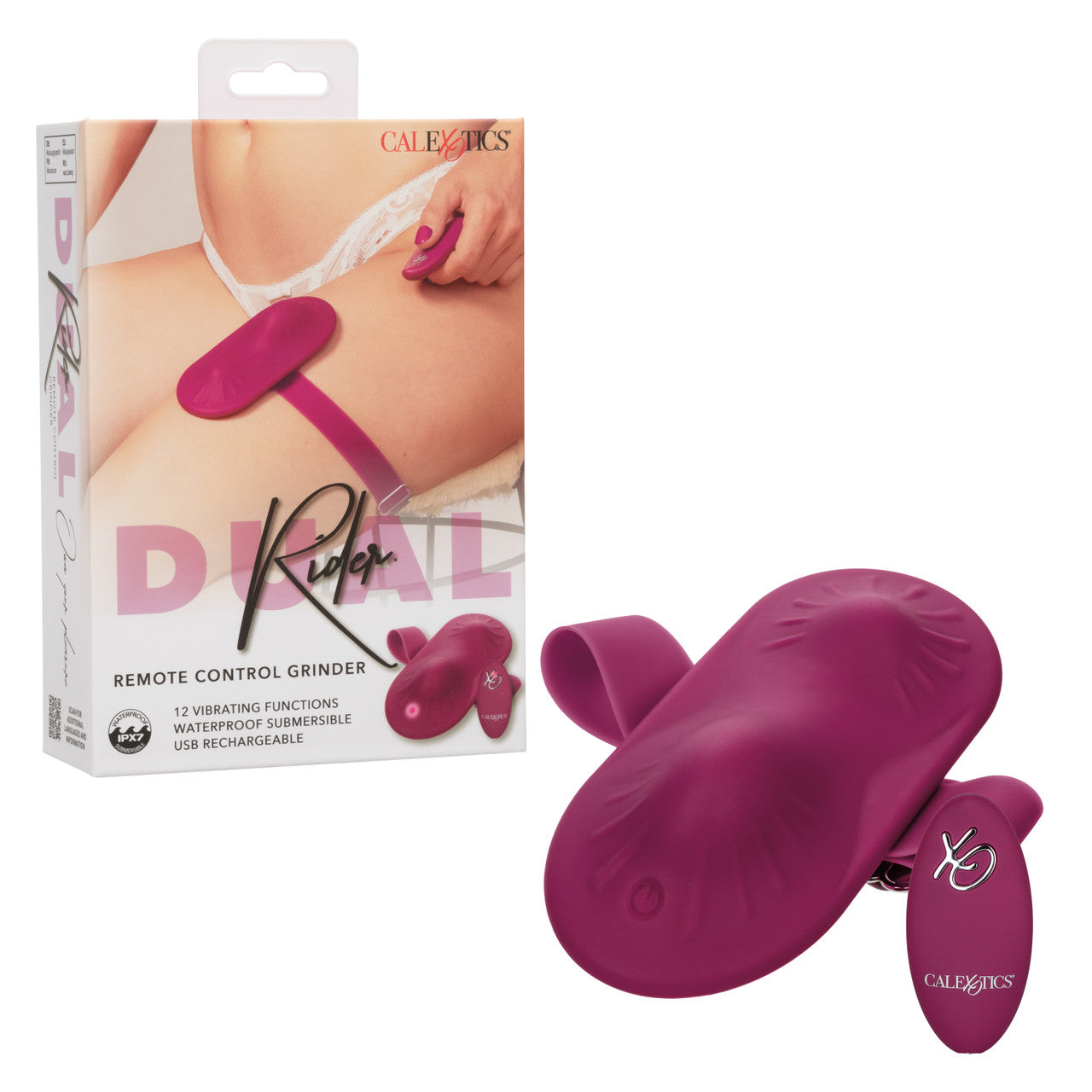 Wine red wearable remote-control massager with adjustable thigh strap and contoured surface.
Keywords: Dual Rider grinder, wearable massager, remote control vibrator, hands-free thigh strap vibe, waterproof silicone massager, rechargeable wearable toy, 12 vibration functions, adjustable strap vibrator, solo play massager, anatomically contoured grinder.