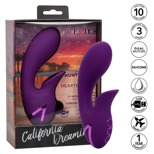 California Dreaming® Huntington Beach Heartbreaker rabbit vibrator with clitoral suction and vibrating shaft.

rabbit vibrator with suction, clitoral suction vibrator, dual-action vibrator, silicone rabbit vibrator, waterproof rabbit vibrator, USB rechargeable vibrator, travel-friendly vibrator, customizable suction vibrator, 10-function vibrator.