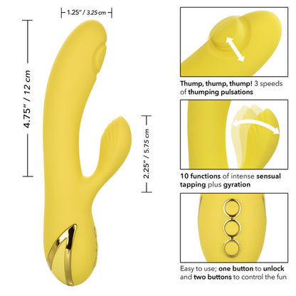 California Dreaming® San Diego Seduction rabbit vibrator with tapping clitoral teaser and G-spot shaft thumping.

rabbit vibrator with tapping, G-spot and clitoral vibrator, triple motor vibrator, silicone waterproof vibrator, rechargeable rabbit vibrator, customizable tapping vibrator, 10-function rabbit vibrator, 3-speed shaft vibrator, luxury yellow vibrator.

