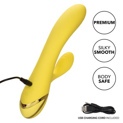 California Dreaming® San Diego Seduction rabbit vibrator with tapping clitoral teaser and G-spot shaft thumping.

rabbit vibrator with tapping, G-spot and clitoral vibrator, triple motor vibrator, silicone waterproof vibrator, rechargeable rabbit vibrator, customizable tapping vibrator, 10-function rabbit vibrator, 3-speed shaft vibrator, luxury yellow vibrator.

